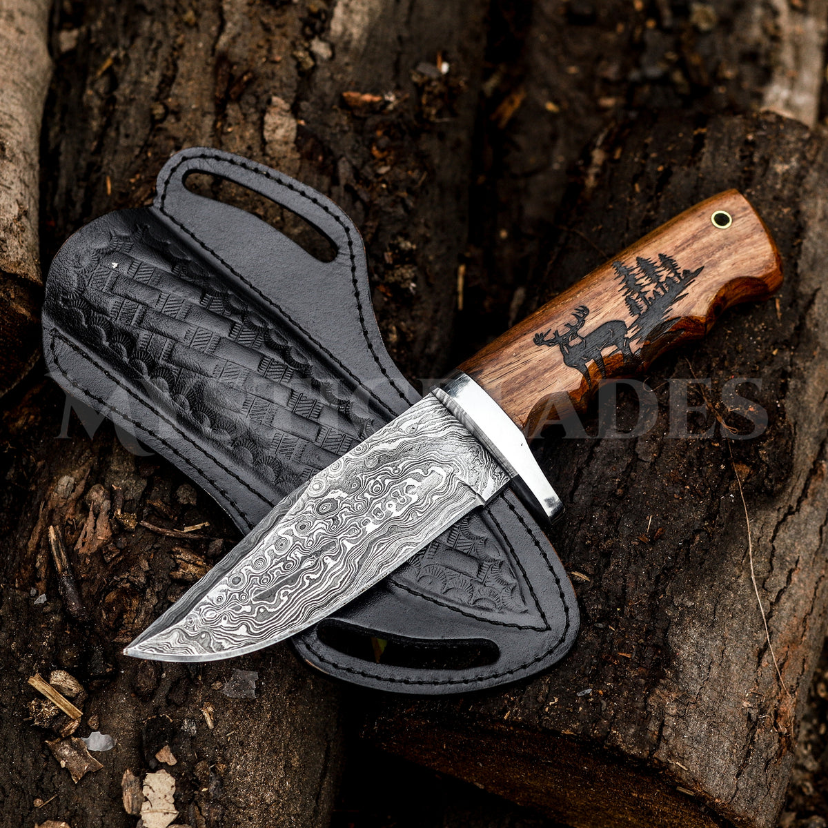 Personalized Damascus Steel Hunting Knife: Engraved Deer Handle