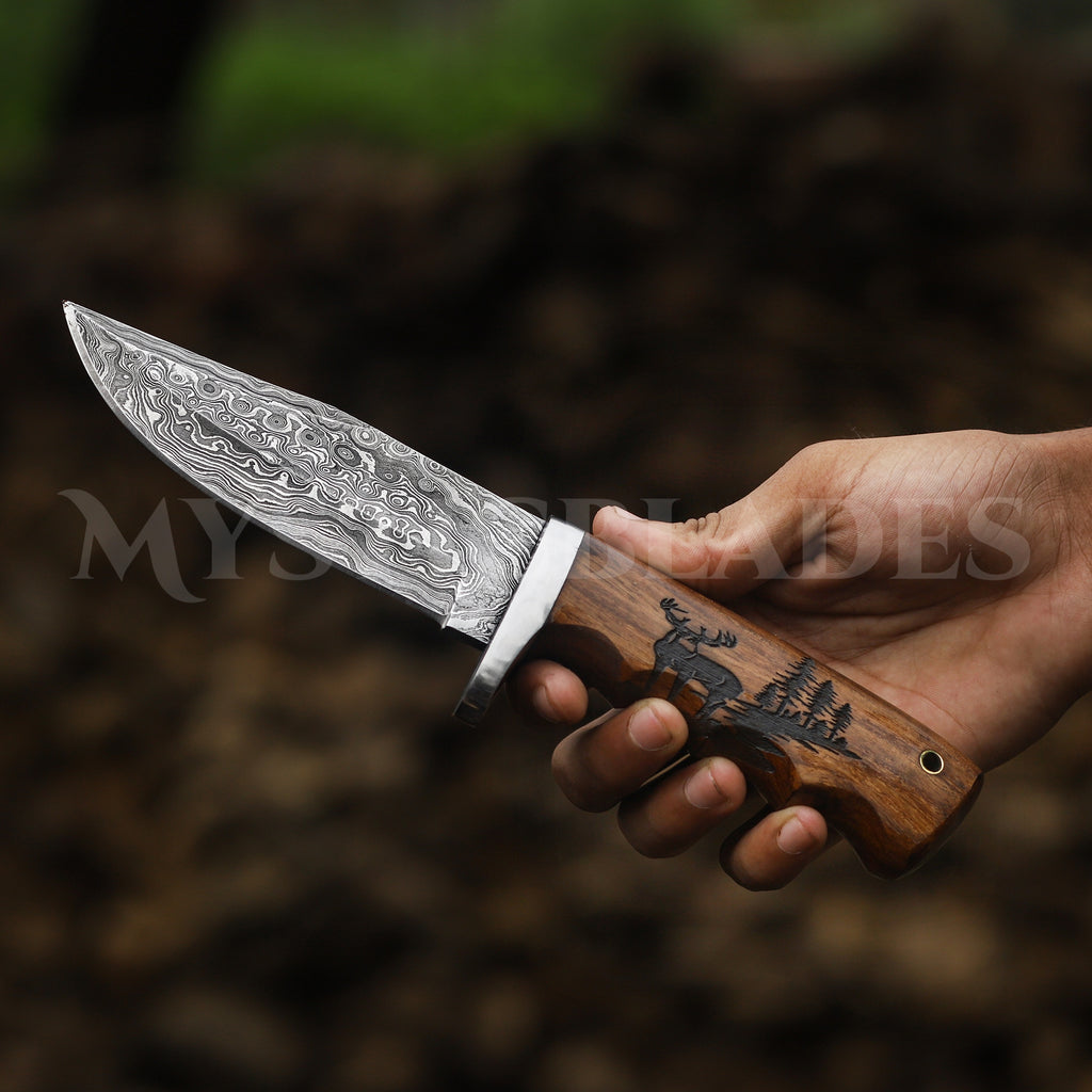 Personalized Damascus Steel Hunting Knife: Engraved Deer Handle
