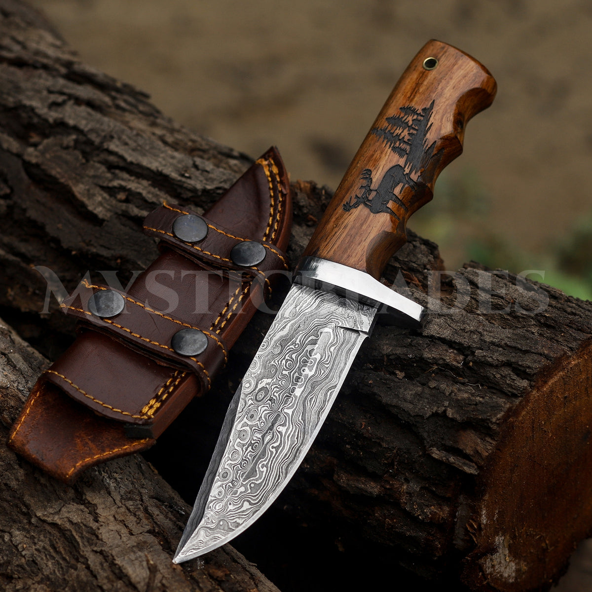 Personalized Damascus Steel Hunting Knife: Engraved Deer Handle