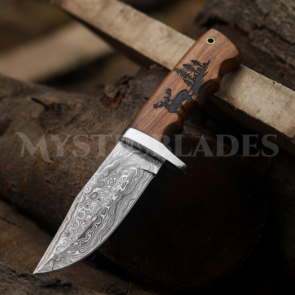 Personalized Damascus Steel Hunting Knife: Engraved Deer Handle
