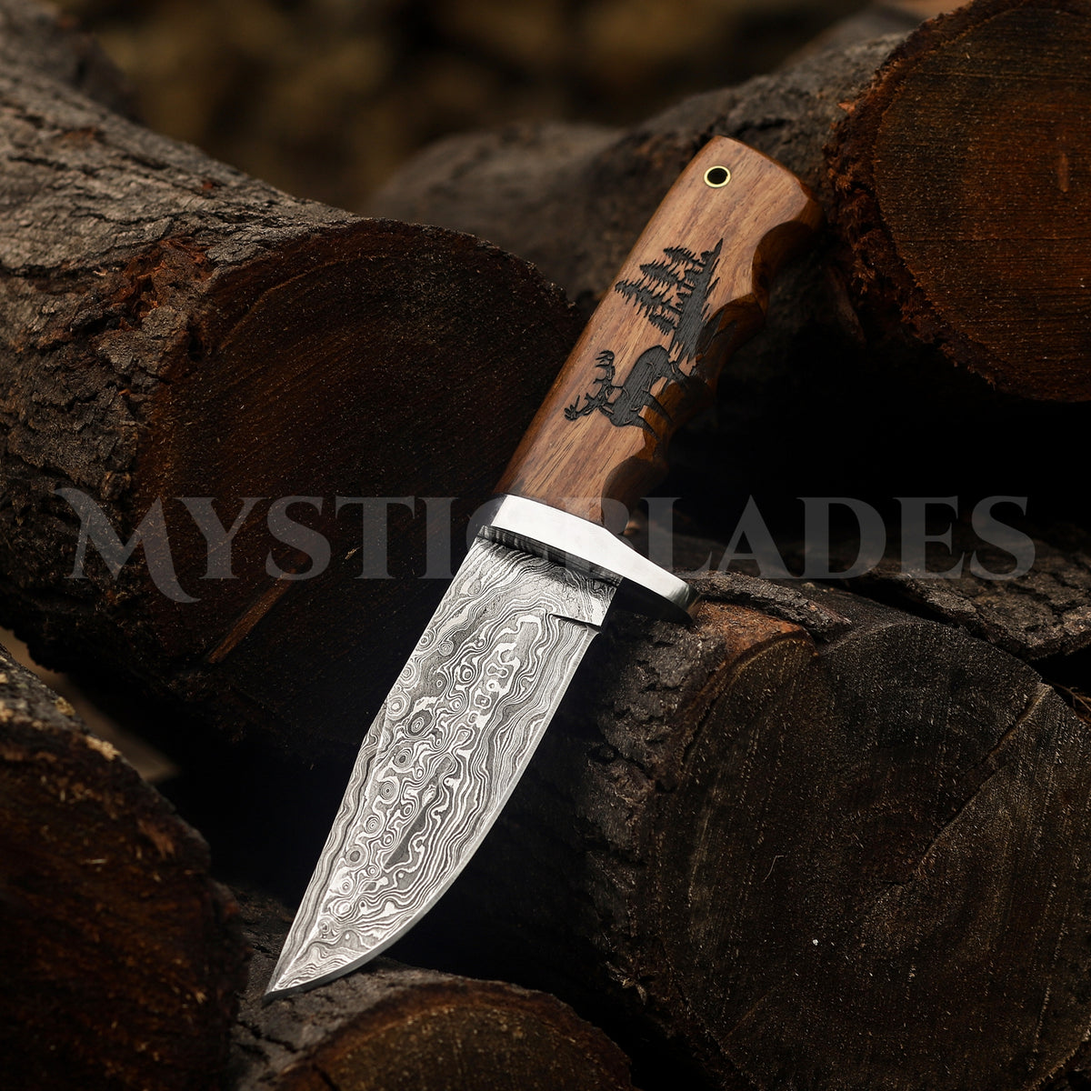 Personalized Damascus Steel Hunting Knife: Engraved Deer Handle