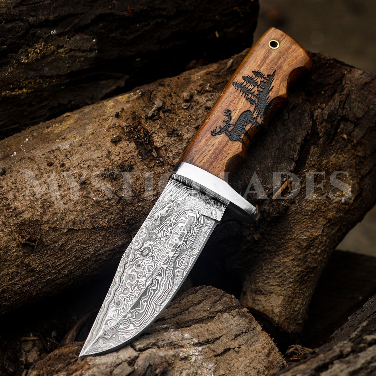 Personalized Damascus Steel Hunting Knife: Engraved Deer Handle