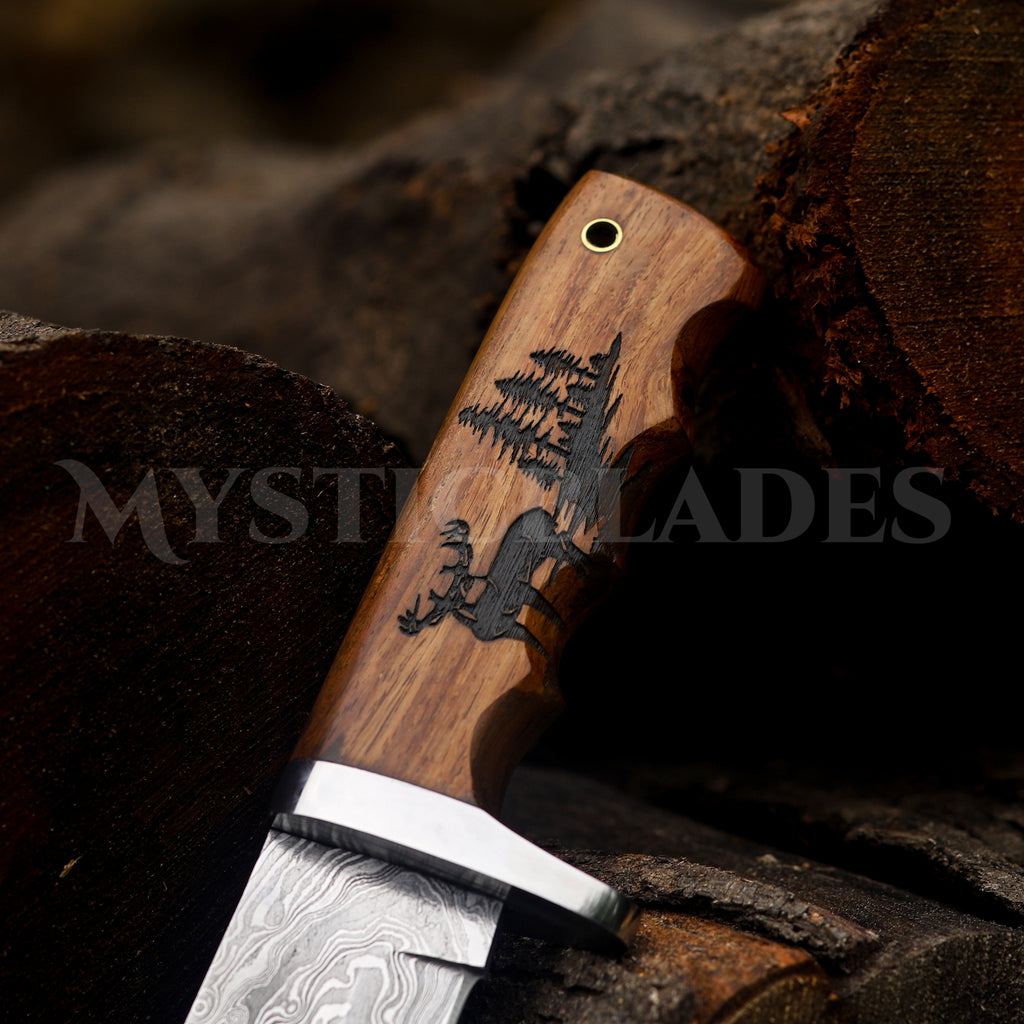 Personalized Damascus Steel Hunting Knife: Engraved Deer Handle
