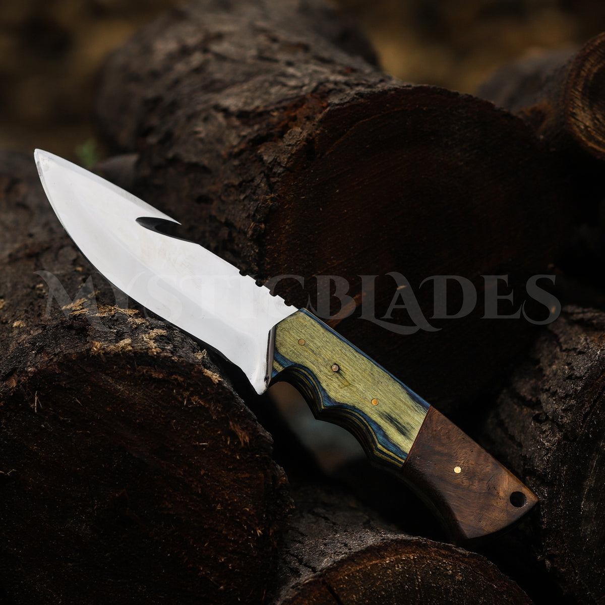 Handmade Gut Hook Hunting Knife: Exotic Wood Handle, Leather Sheath