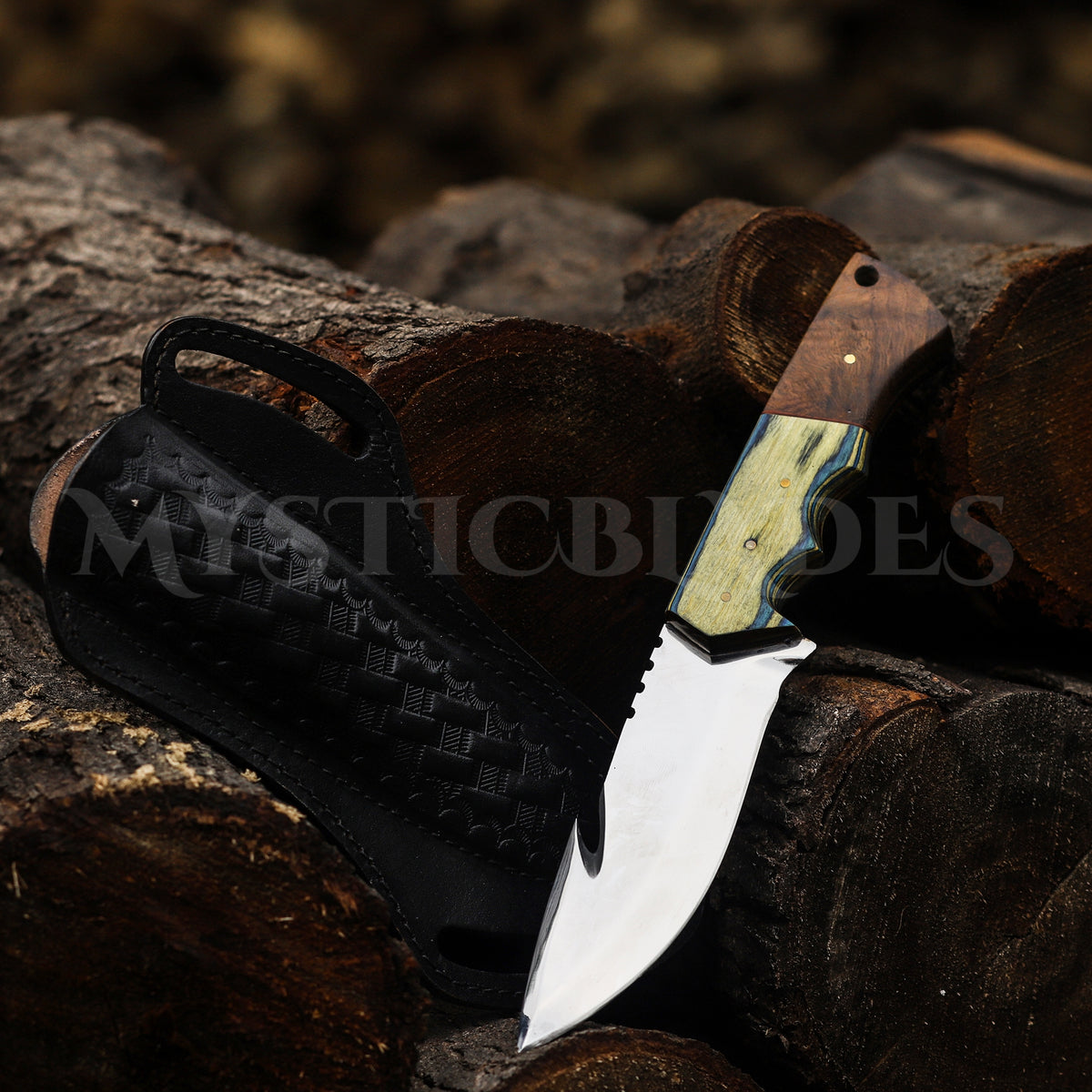 Handmade Gut Hook Hunting Knife: Exotic Wood Handle, Leather Sheath