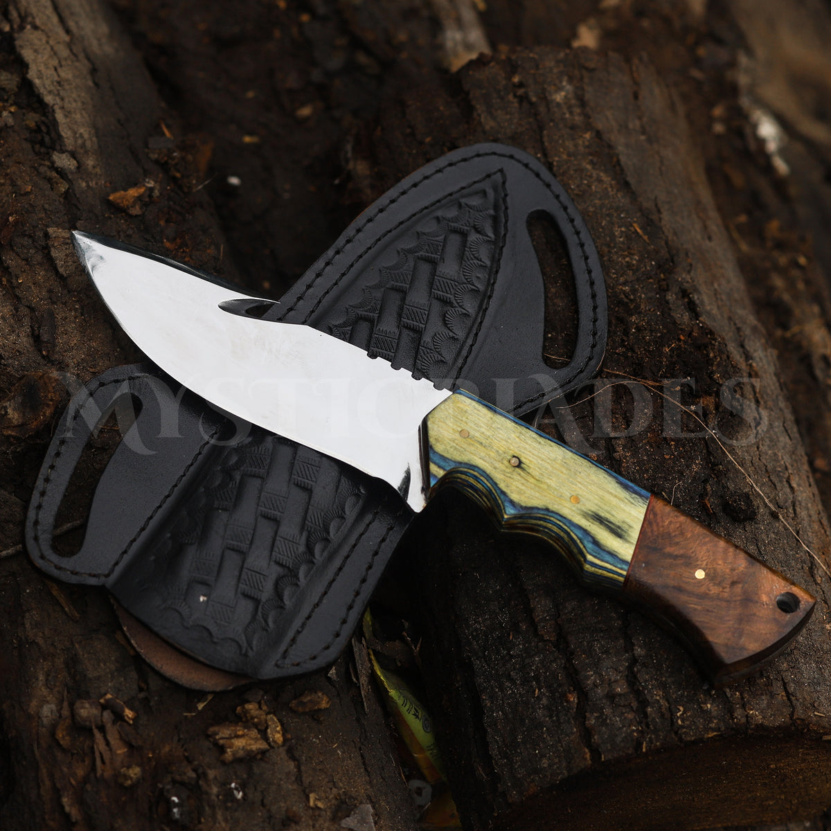 Handmade Gut Hook Hunting Knife: Exotic Wood Handle, Leather Sheath