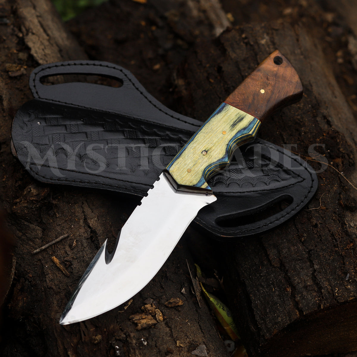 Handmade Gut Hook Hunting Knife: Exotic Wood Handle, Leather Sheath