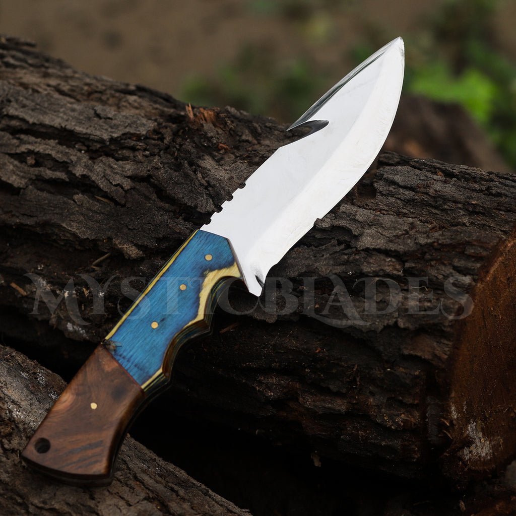 Handmade Gut Hook Hunting Knife: Exotic Wood Handle, Leather Sheath