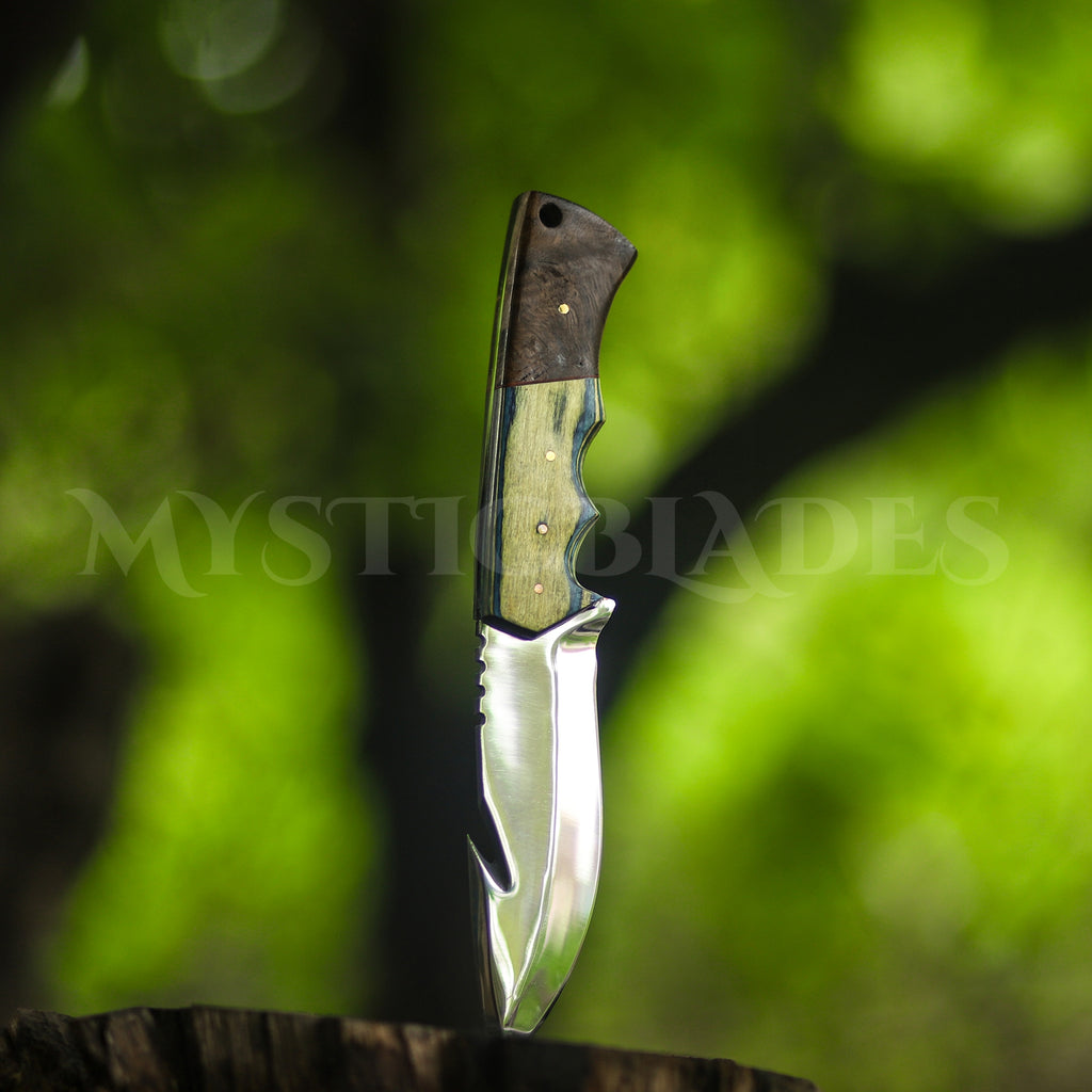 Handmade Gut Hook Hunting Knife: Exotic Wood Handle, Leather Sheath